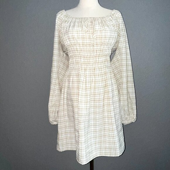 LEYDEN Smocked Boho Mini Peasant Prairie Beige & White Plaid Dress - NWT - L - Picture 10 of 16